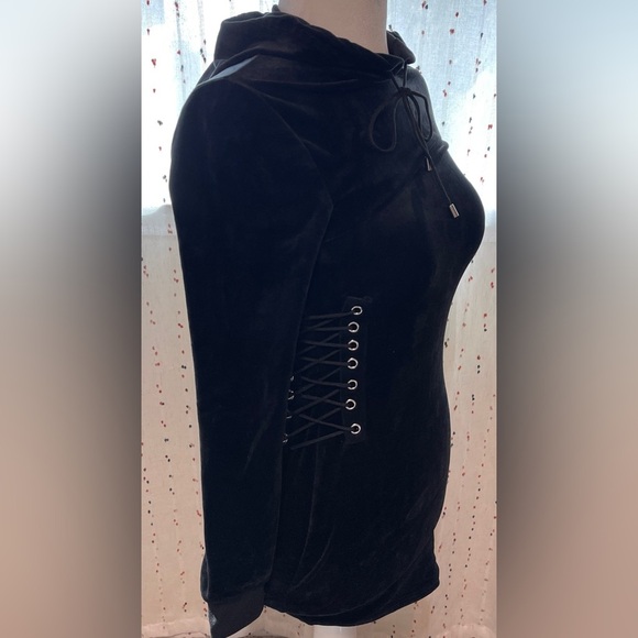 Rue21 Black Velvet Hoodie Dress Corset Lace Up Gothcore Y2K Bodycon Mini Sz XS - Picture 12 of 13